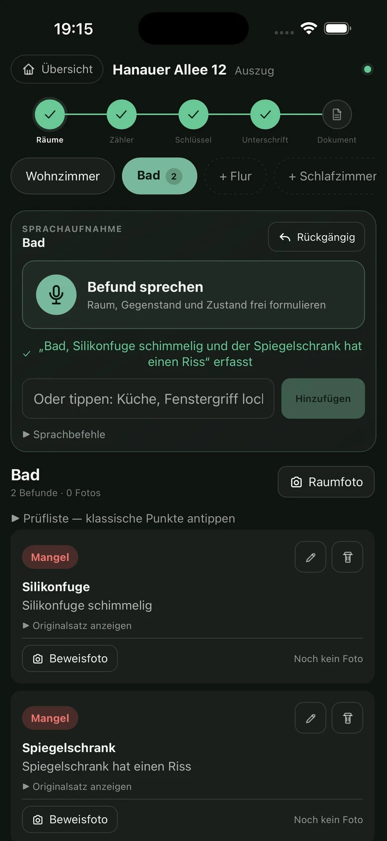 Echter App-Screenshot: Rundgang mit erfassten Befunden in ImmoAufnahme.