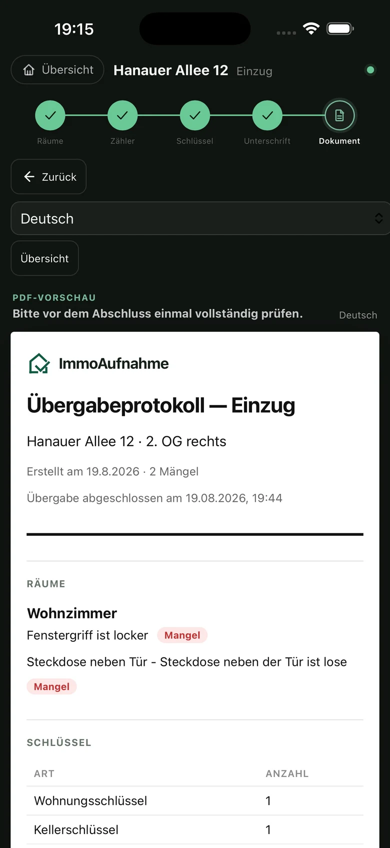 Echter App-Screenshot: Vorschau des Übergabeprotokolls in ImmoAufnahme.