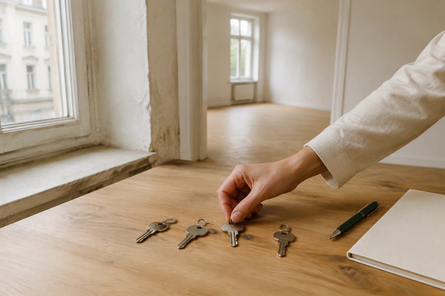 Wohnungsschlüssel, Stift und Mappe auf einer hellen Arbeitsfläche; eine Hand ordnet einen Schlüssel zu.