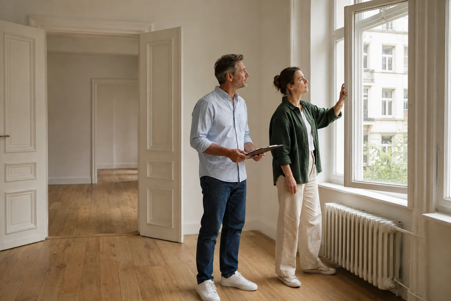Zwei Personen prüfen gemeinsam ein Fenster in einer Altbauwohnung, illustrative Beispielszene